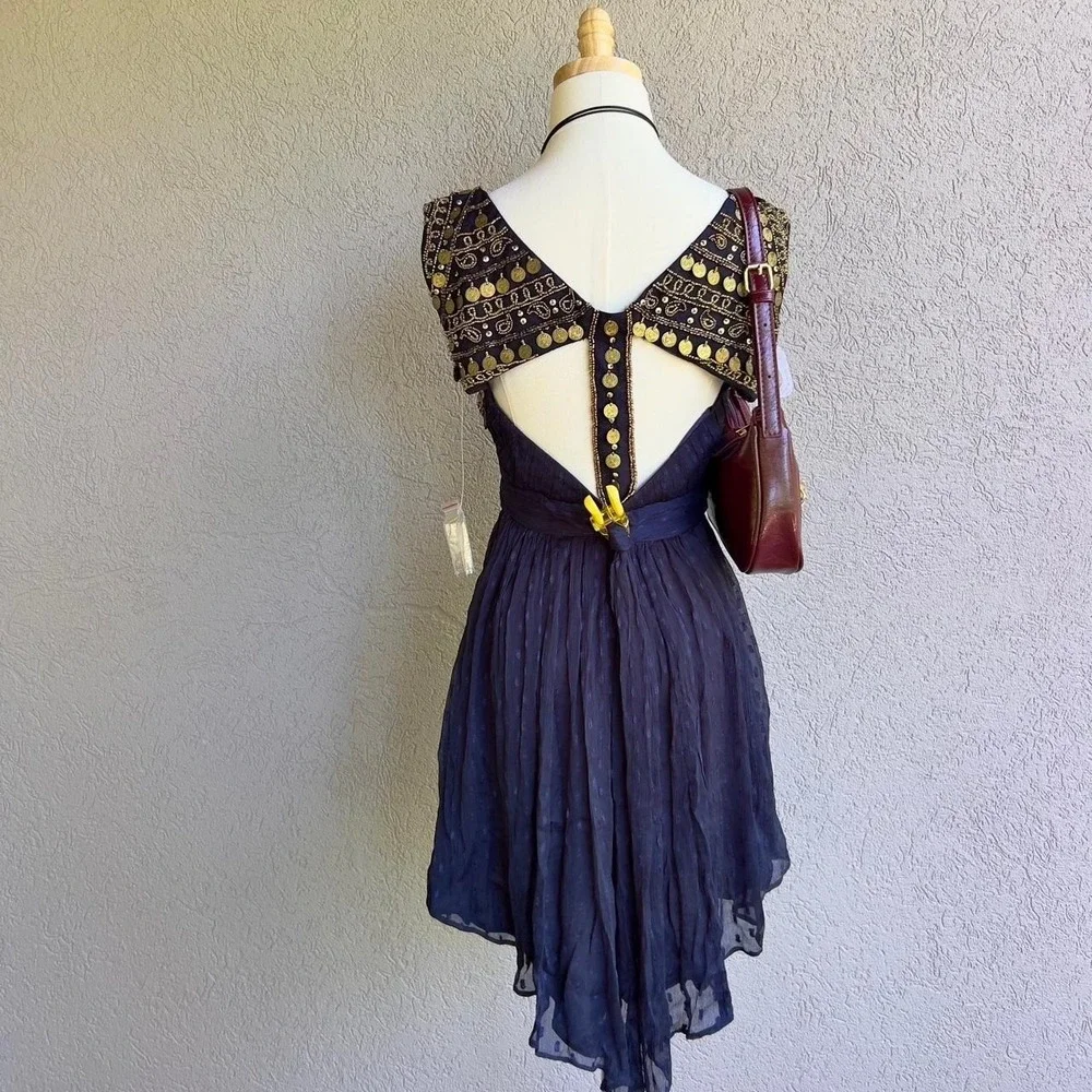 Free‎ People Indigo Blue Coin Embellished Dress Size 6 Beaded $350 Retail